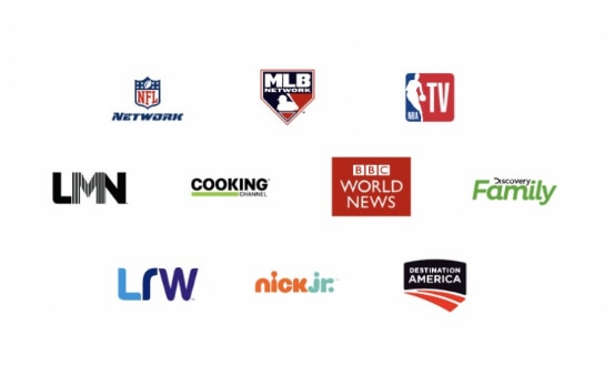 NFL Network, MLB Network, NBA TV, Lifetime Real Women, Lifetime Movie Network, Cooking Channel, BBC World News, Discovery Family, Cartoon Network, Nick Jr. and Destination America channel logos.