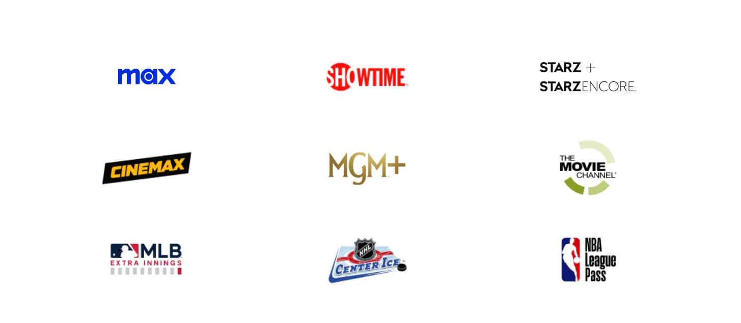 Spectrum Add-On Channel Logos: Max, Showtime, Starz + Starz Encore, Cinemax, MGM+, The Movie Channel, MLB Extra Innings, NHL Center Ice, NBA, League Pass.