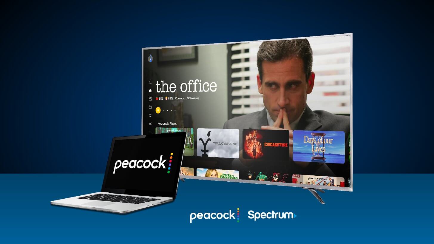Peacock dashboard on TV screen and Peacock logo on laptop screen
