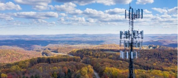 Rural landscape and a 5G Home Internet tower.