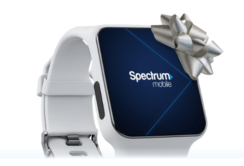 A smartwatch powered by Spectrum Mobile with a silver ribbon on it. The perfect gift for the holidays!