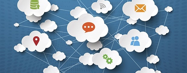 A web of lines connecting cloud shapes which contain various symbols, such as email, text messaging, Wi-Fi, social media, location pin, etc.