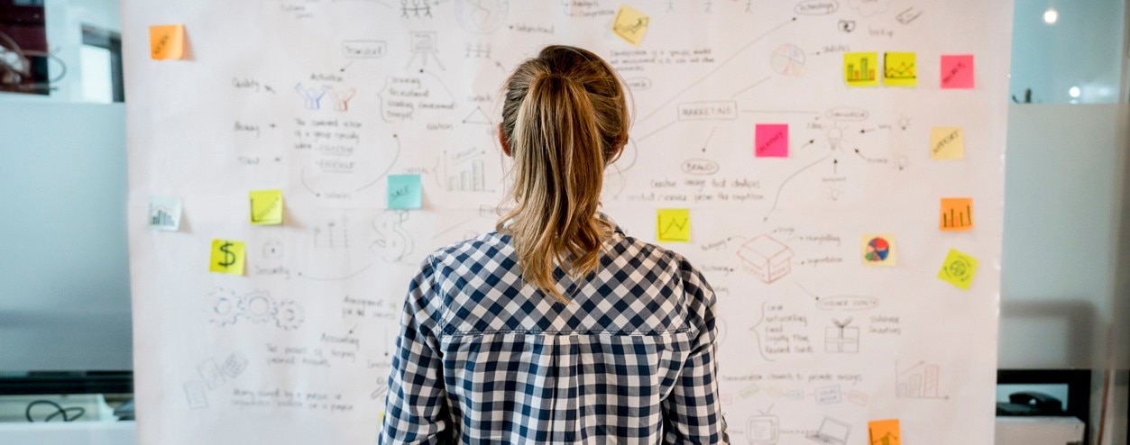 Woman sketching a business plan on a placard at a creative office