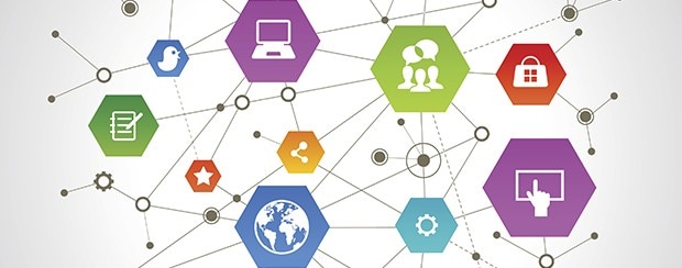 Web of lines connect different colored hexagons that contain various symbols, including Earth, a notepad and pen, a computer, people with word bubbles over their head, eCommerce, social media and more.
