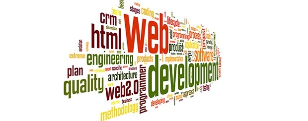 Word cloud showing web development terms like 'Web', 'development', 'html', 'crm', and 'engineering' in various colors.