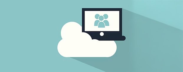 Cloud storage with computer monitor displaying team collaboration icons