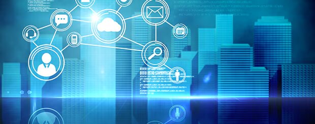 : Web of interconnected symbols for search, email, phone, text, social media and more.