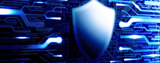 Shield symbol representing cybersecurity over futuristic background representing the Internet.