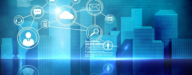 Web of interconnected symbols representing concepts like social media, email, search engines, phone calls, text conversations, etc.