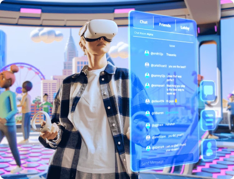 Woman wearing a virtual reality headset, standing in a virtual lobby surrounded by animated characters, looking at a digital screen.