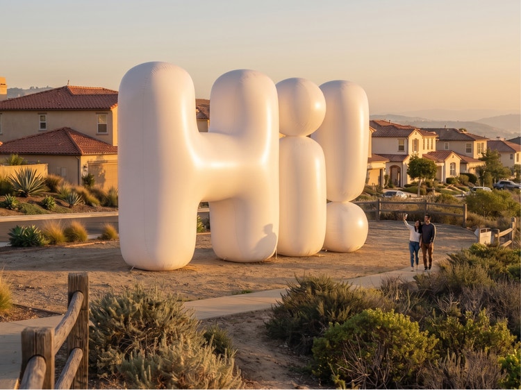 Large inflatable “Hi!” in residential neighborhood in San Diego, CA. Couple stands on path in front taking a selfie together on their mobile device.
