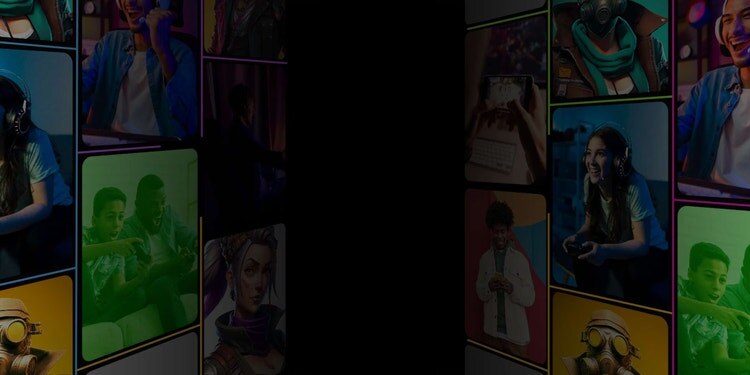 A dark, cinematic collage of colorful photo tiles arranged in a curved wall formation, receding into shadow on either side of a central dark void — featuring people in various settings including gaming, headphones, and casual portraits.