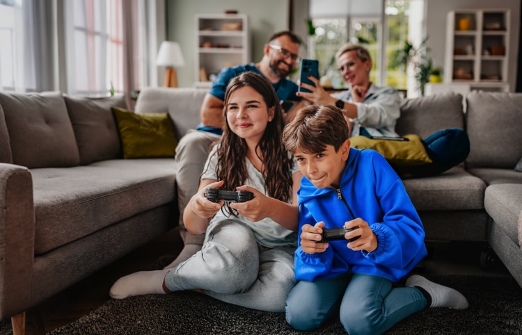 Family gaming in the living room