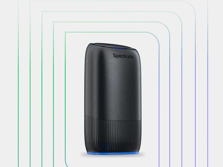 Black Spectrum Advanced WiFi router centered on a white background with multicolor curved line accents.