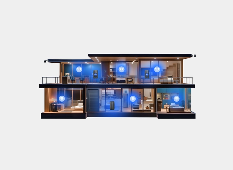 Illustration of a two-story house showing a WiFi router and multiple Spectrum WiFi pods extending wireless coverage throughout the home.
