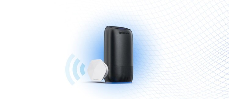 Spectrum Advanced WiFi router and WiFi extender with blue wireless signal graphics and a mesh network pattern in the background.