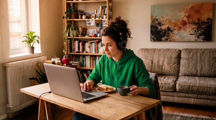 Woman in headphones working on at a desk on a laptop.