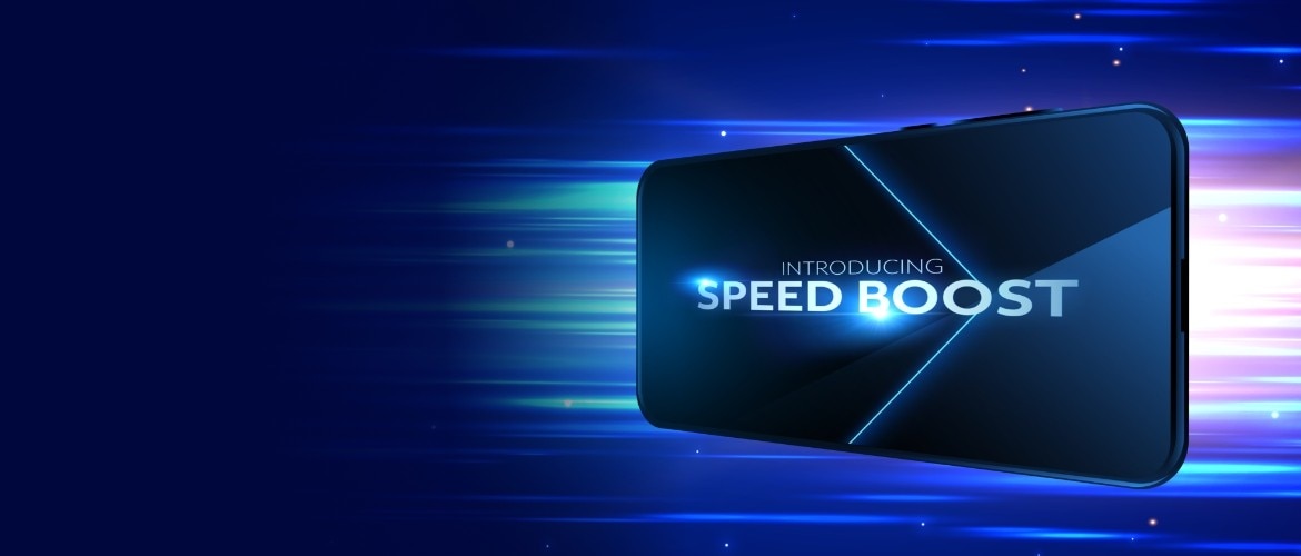 Cell phone traveling at the speed of light, Introducing Speed Boost is on the screen.