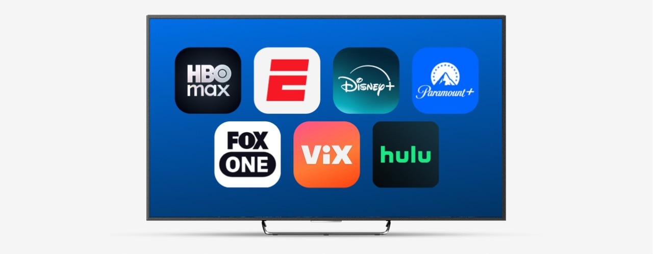 A TV displaying seven popular streaming app icons: HBO Max, ESPN Unlimited, Disney+, Paramount+ Essential, FOX One, Vix, and Hulu.