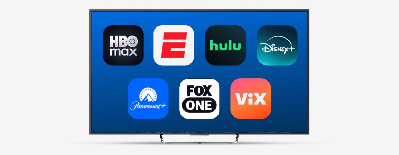 Una TV que muestra los íconos de siete aplicaciones de streaming populares: HBO Max, ESPN Unlimited, Disney+, Paramount+ Essential, FOX One, Vix y Hulu.